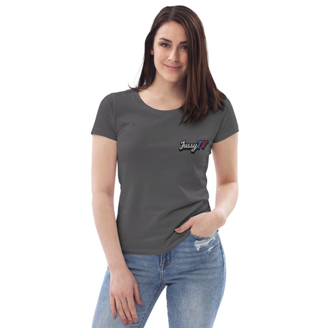 JussyTv_ - Enganliegendes-Damen-T-Shirt aus Bio-Baumwolle mit Stick und Druck