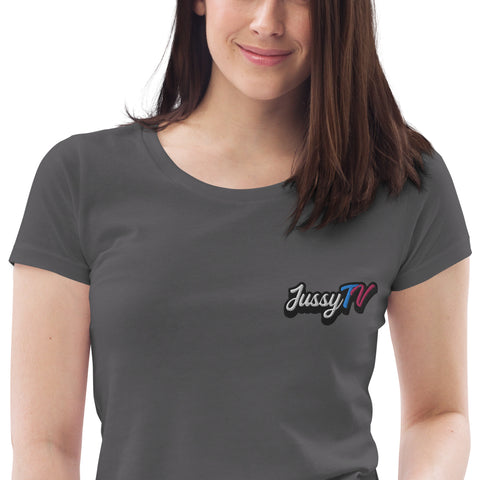 JussyTv_ - Enganliegendes-Damen-T-Shirt aus Bio-Baumwolle mit Stick und Druck