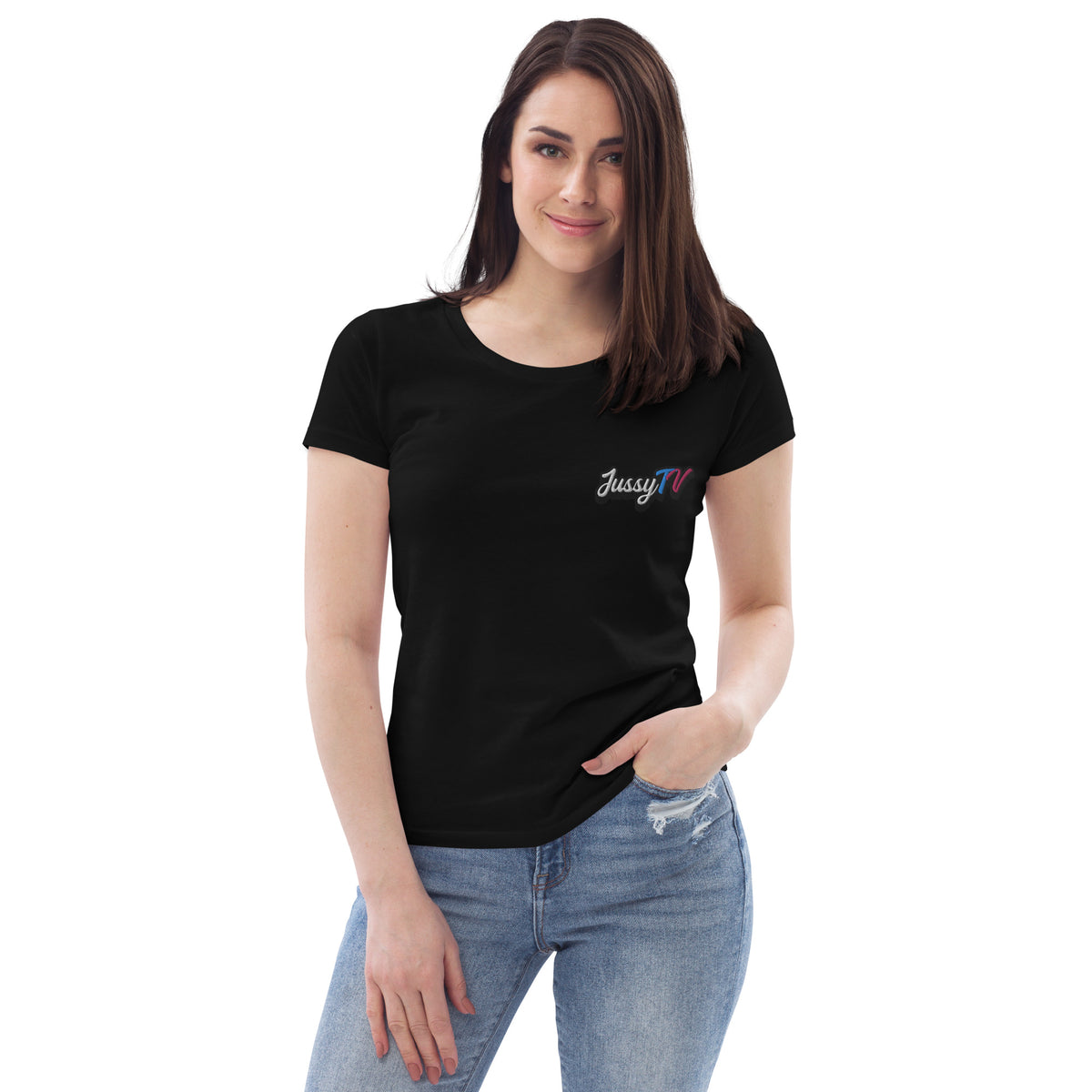 JussyTv_ - Enganliegendes-Damen-T-Shirt aus Bio-Baumwolle mit Stick und Druck