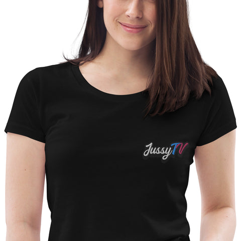 JussyTv_ - Enganliegendes-Damen-T-Shirt aus Bio-Baumwolle mit Stick und Druck