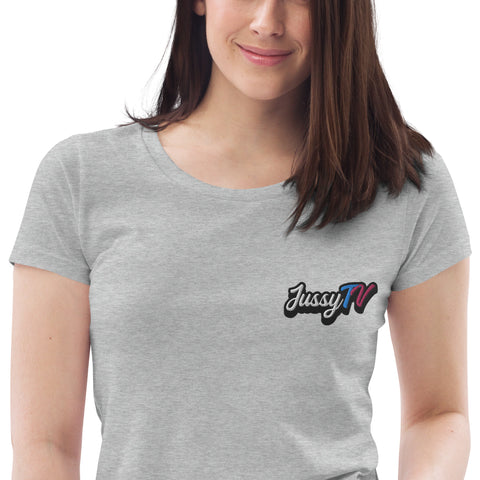 JussyTv_ - Enganliegendes-Damen-T-Shirt aus Bio-Baumwolle mit Stick und Druck