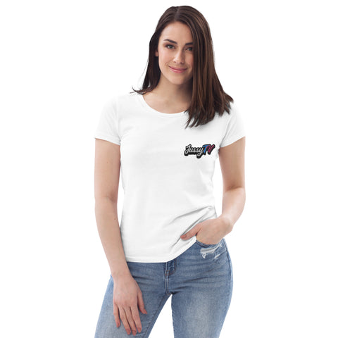 JussyTv_ - Enganliegendes-Damen-T-Shirt aus Bio-Baumwolle mit Stick und Druck