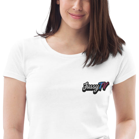 JussyTv_ - Enganliegendes-Damen-T-Shirt aus Bio-Baumwolle mit Stick und Druck