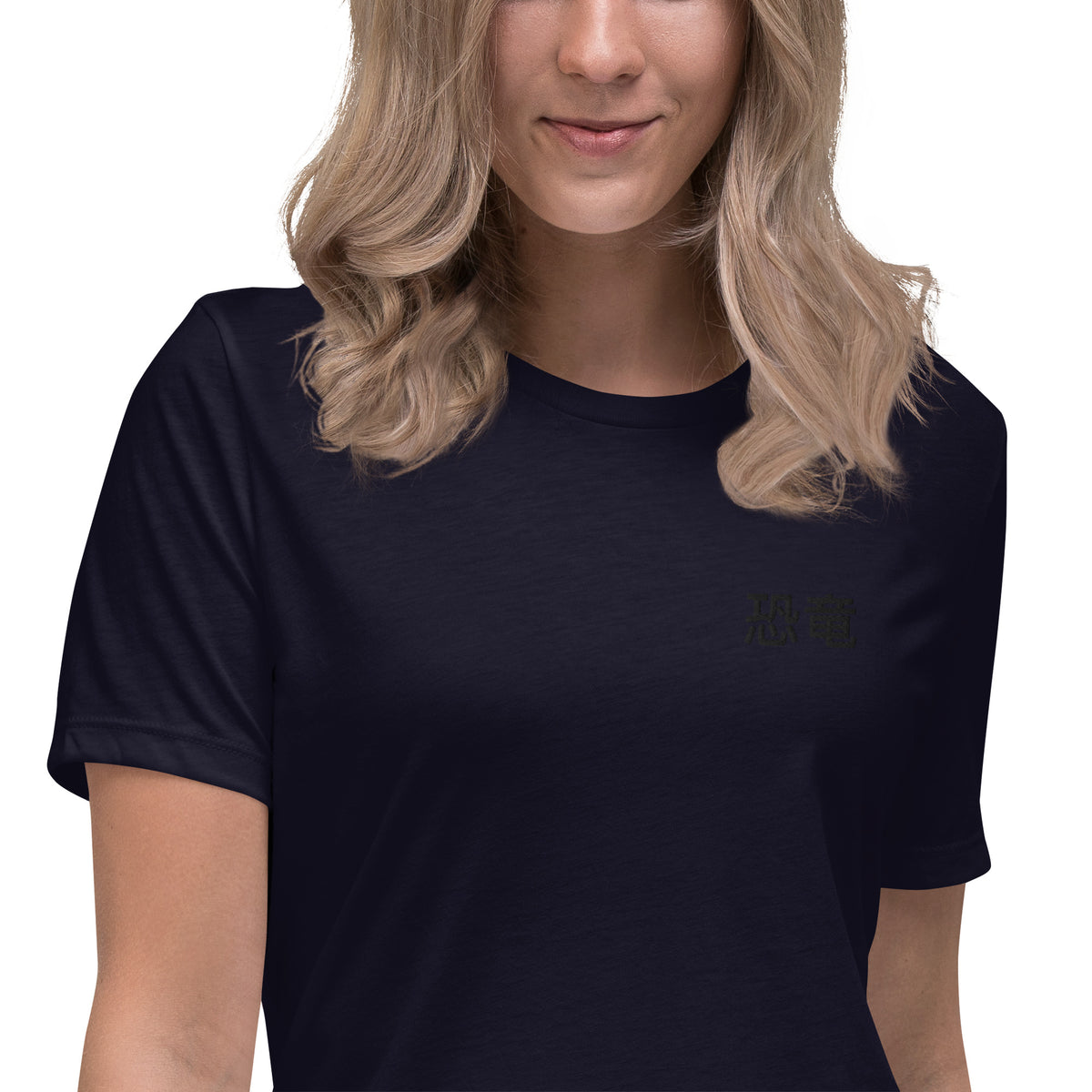LuiTheDinosaur - Lockeres-Damen-T-Shirt mit Stick und Druck